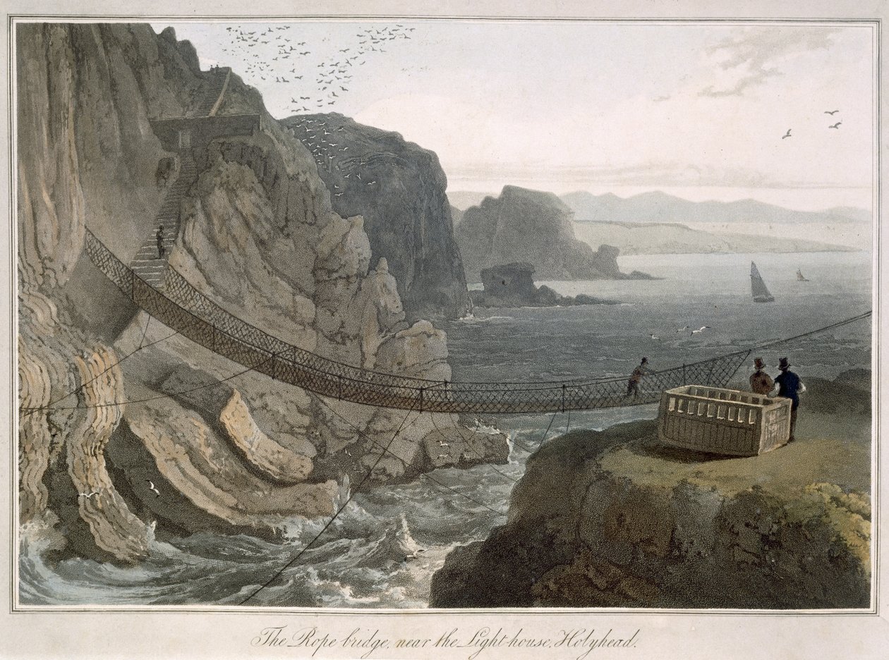 灯塔附近的绳桥，霍利黑德，从“1814年到1825年之间的英国航行”1829年出版 作者 威廉·丹尼尔