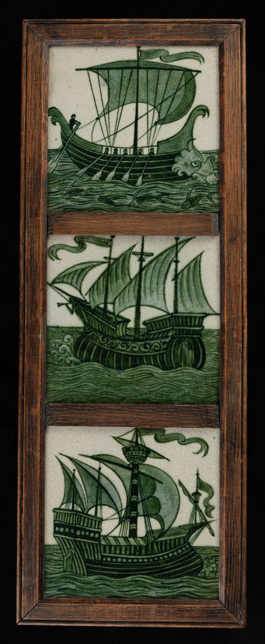 全速航行的船的瓷砖面板，带框架，c.1865-80（陶瓷） 作者 威廉·德·摩根