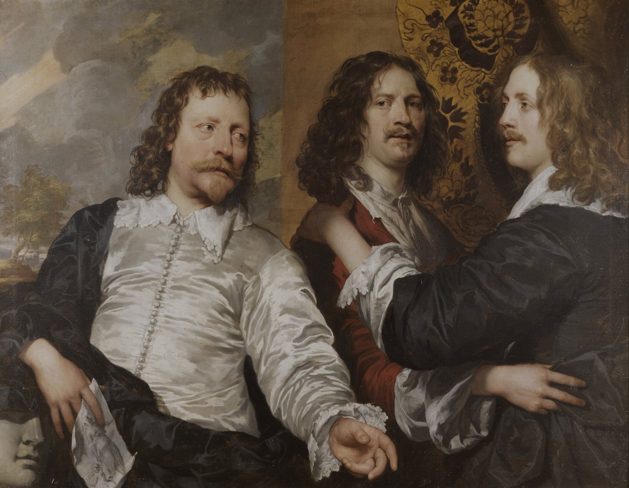 艺术家肖像，与尼古拉斯·拉尼尔 (Nicholas Lanier) 和查尔斯·科特雷尔爵士 (Sir Charles Cotterell) 合影，约 1636 年（布面油画） 作者 威廉·多布森