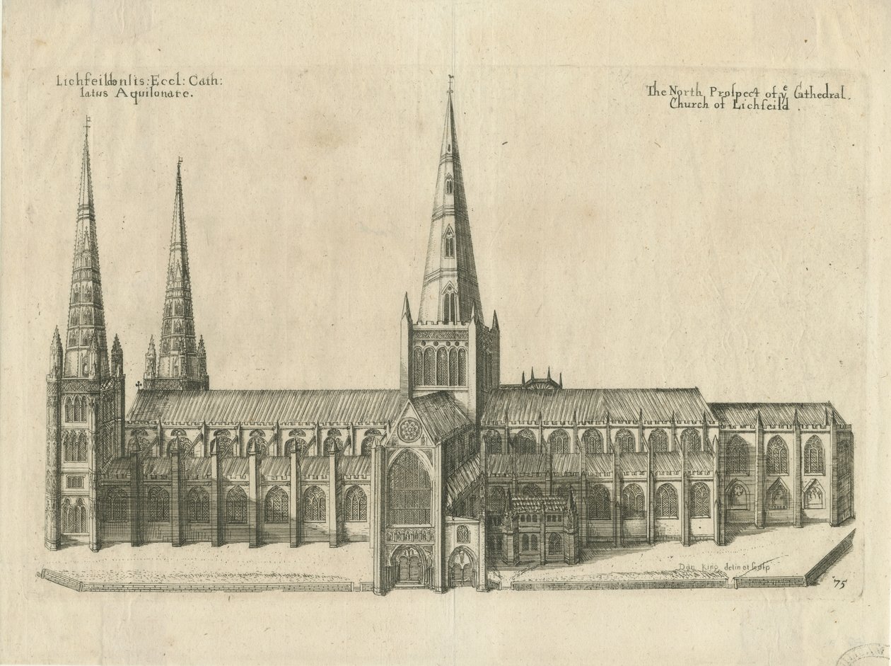 利奇菲尔德大教堂（Lichfield Cathedral）-南视图：铜版画，并[17世纪中期] 作者 威廉·杜格代尔