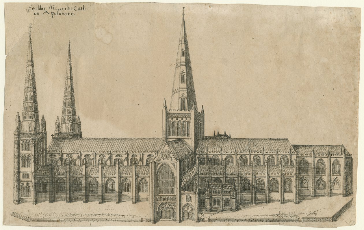 利奇菲尔德大教堂（Lichfield Cathedral）-南视图：铜版画，并[17世纪中期] 作者 威廉·杜格代尔