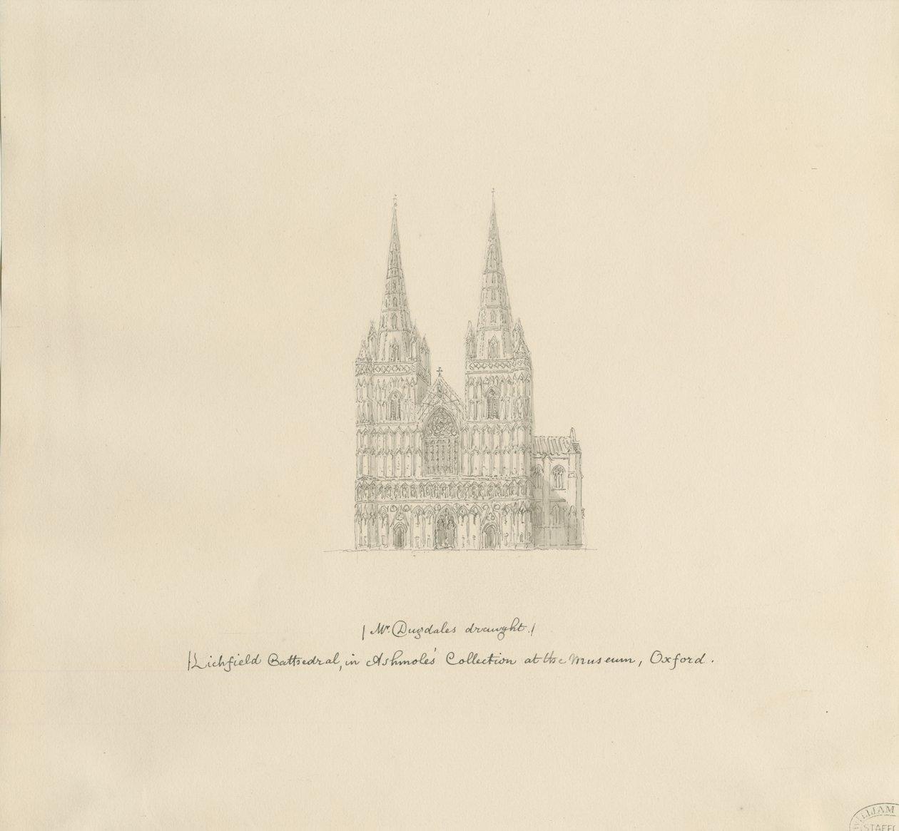 利奇菲尔德大教堂（Lichfield Cathedral）-西前：钢笔画，nd [？17世纪后期]（绘画） 作者 威廉·杜格代尔