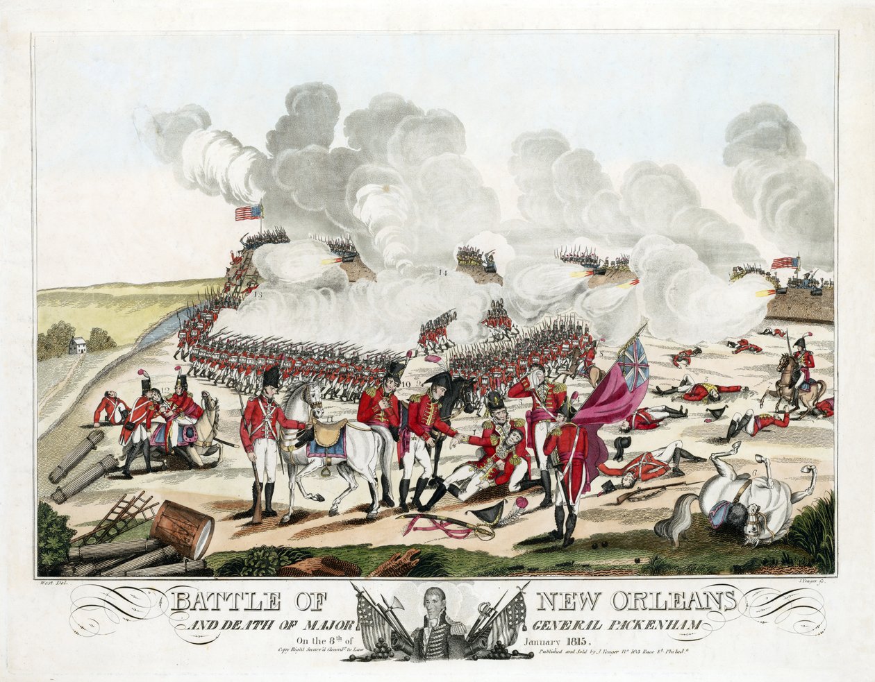 1815 年 1 月 8 日，新奥尔良战役和帕克纳姆少将阵亡，酒吧。 1815（彩色雕刻） 作者 威廉·爱德华（之后）西