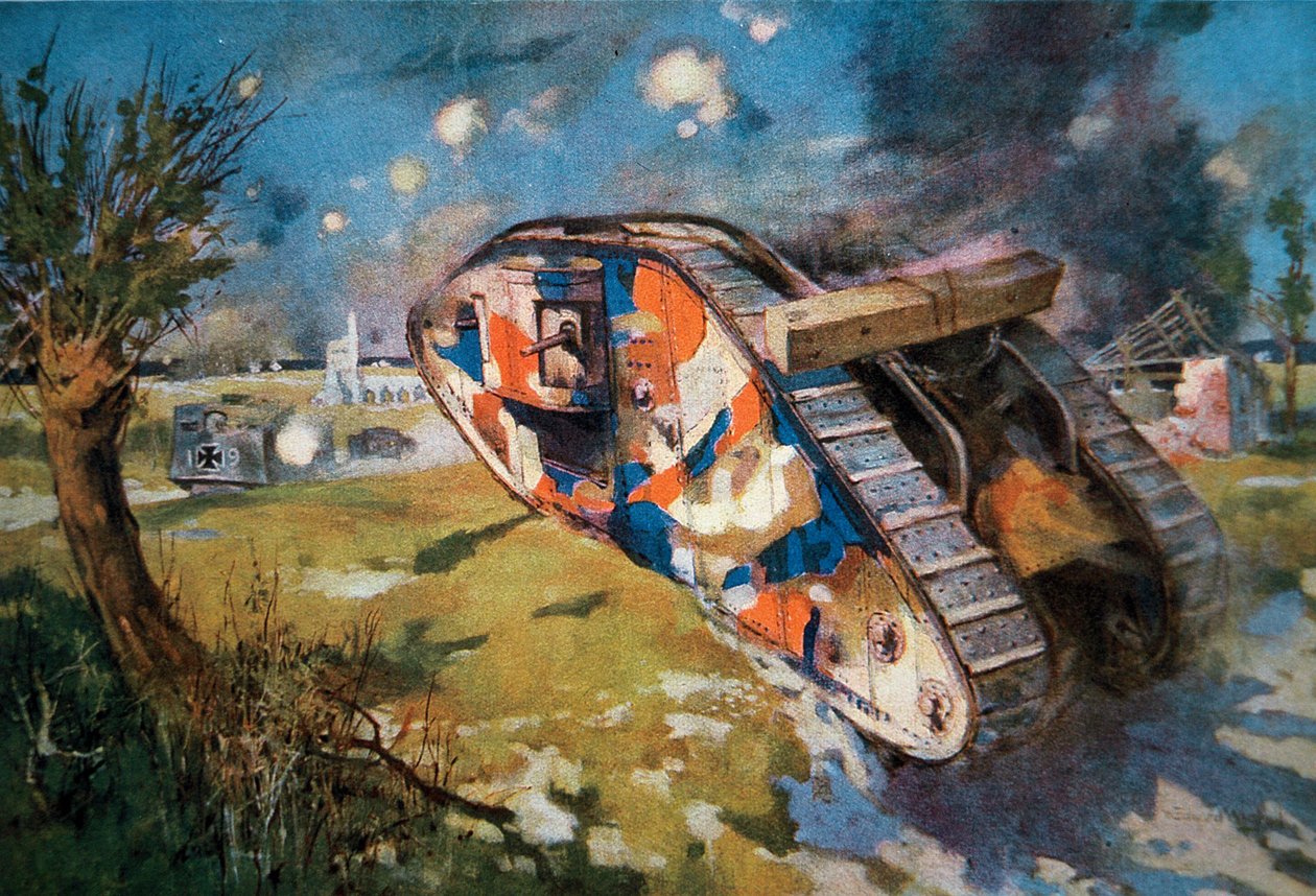 伪装的英国 Mk IV 坦克在第一次世界大战中对抗德国坦克，插图发表于 1918 年 8 月的“球体”（彩色石版画） 作者 威廉·爱德华（之后）威格富
