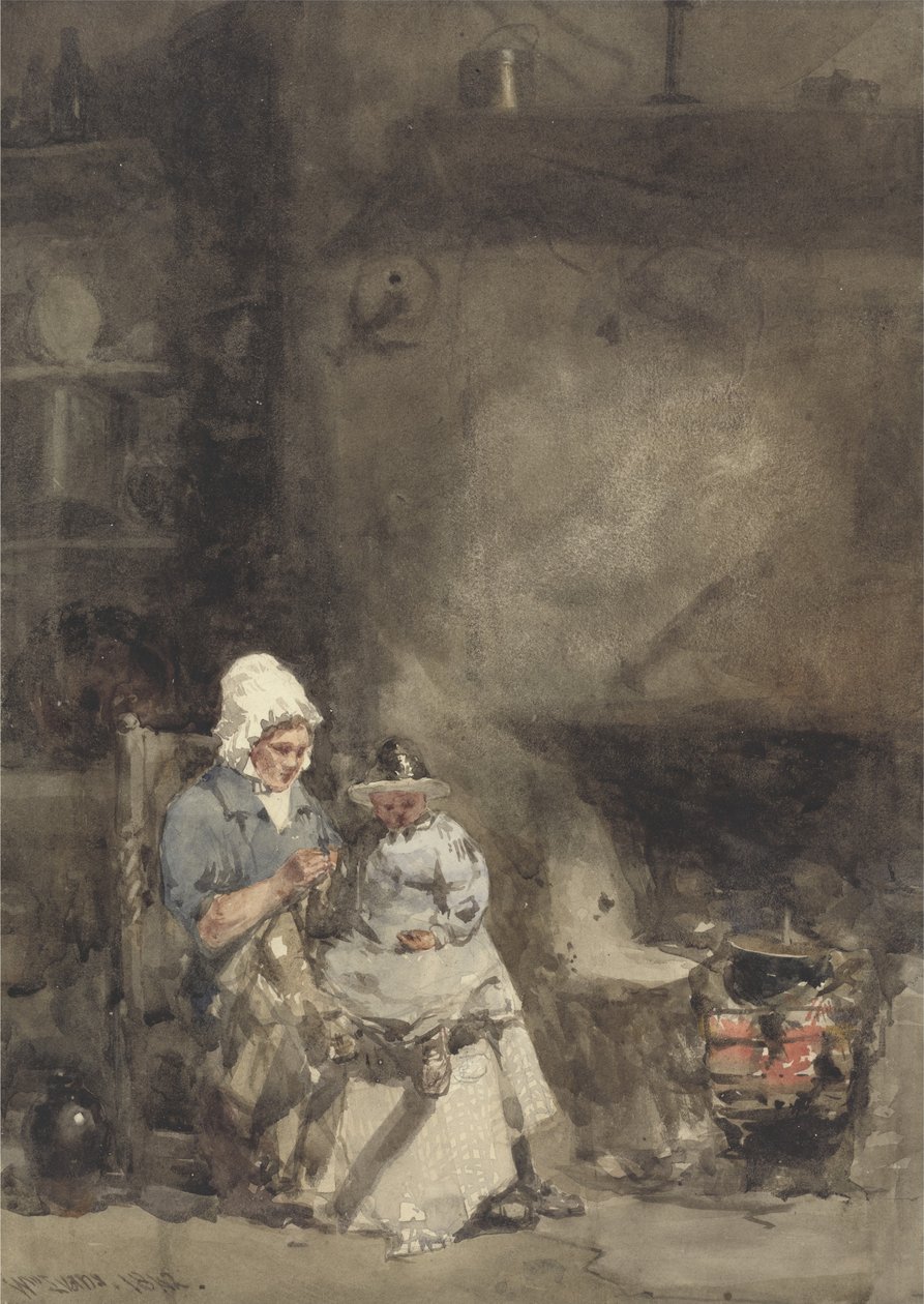 一个女人和一个孩子的炉边，1842年（纸上石墨） 作者 威廉·埃文斯