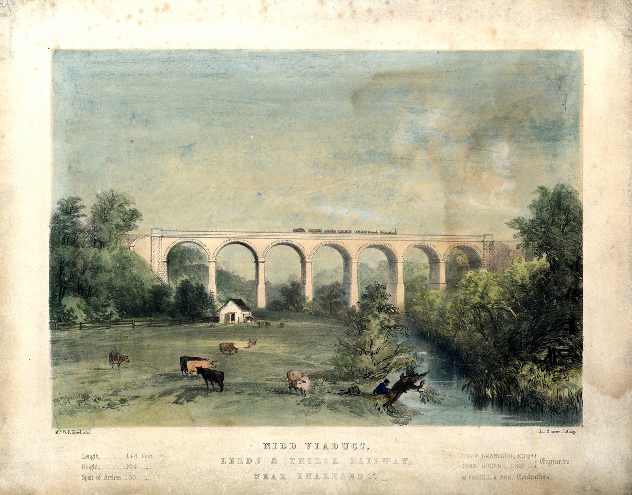 尼德高架桥，利兹和瑟斯克铁路，靠近克纳雷斯布洛，约 1850 年（纸面彩色石版画） 作者 威廉·弗雷德里克·法维耶尔