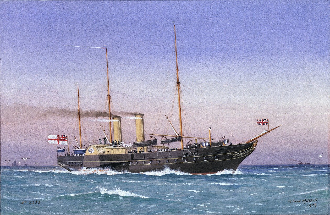 皇家游艇 "奥斯本 "号（1870 年），蒸汽十足，风帆折叠，行驶在海上。水彩画 作者 威廉·弗雷德里克·米切尔