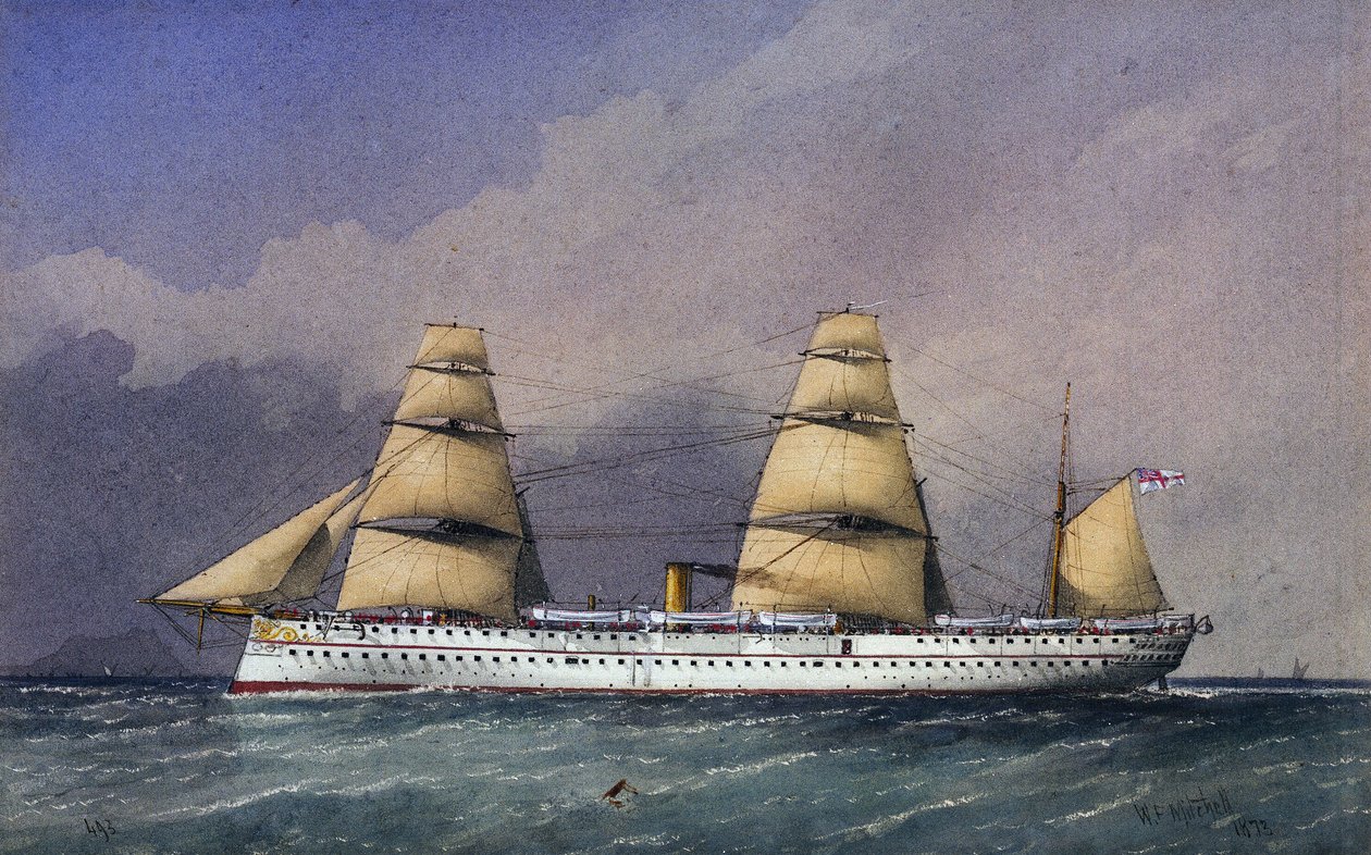 英国皇家海军 "朱姆纳号"（1866 年）是一艘铁壳船，用于往返印度次大陆运送军队。水彩画 作者 威廉·弗雷德里克·米切尔