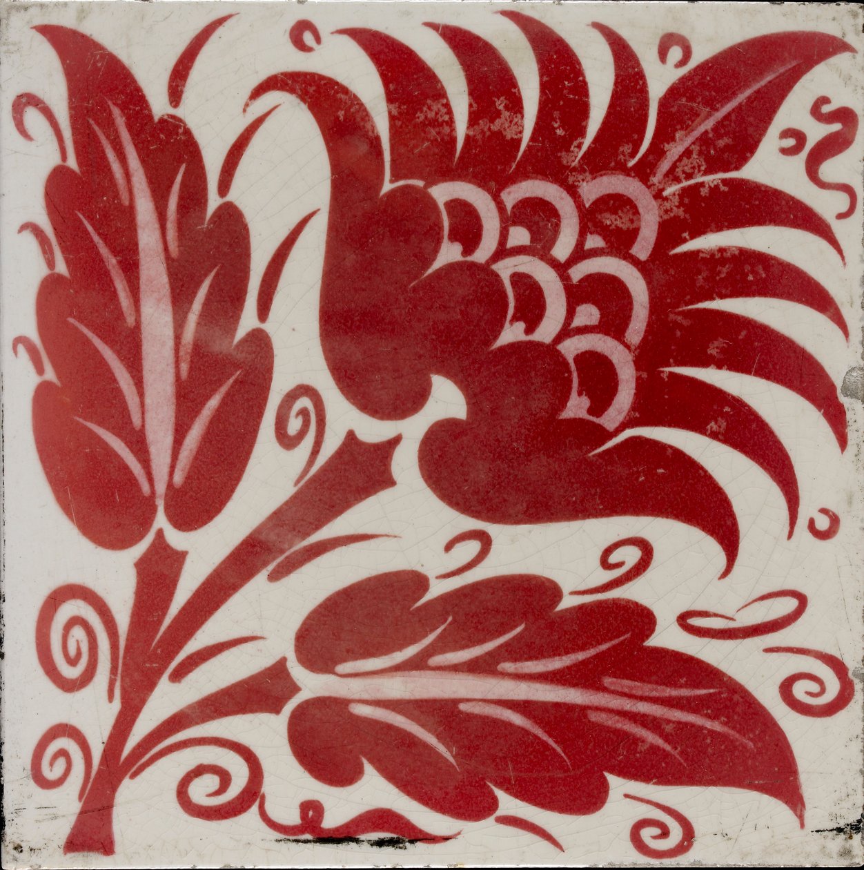 带有两片叶子和卷须的风格化花朵的瓦片，1882-1888年 作者 威廉·弗兰德·德·摩根