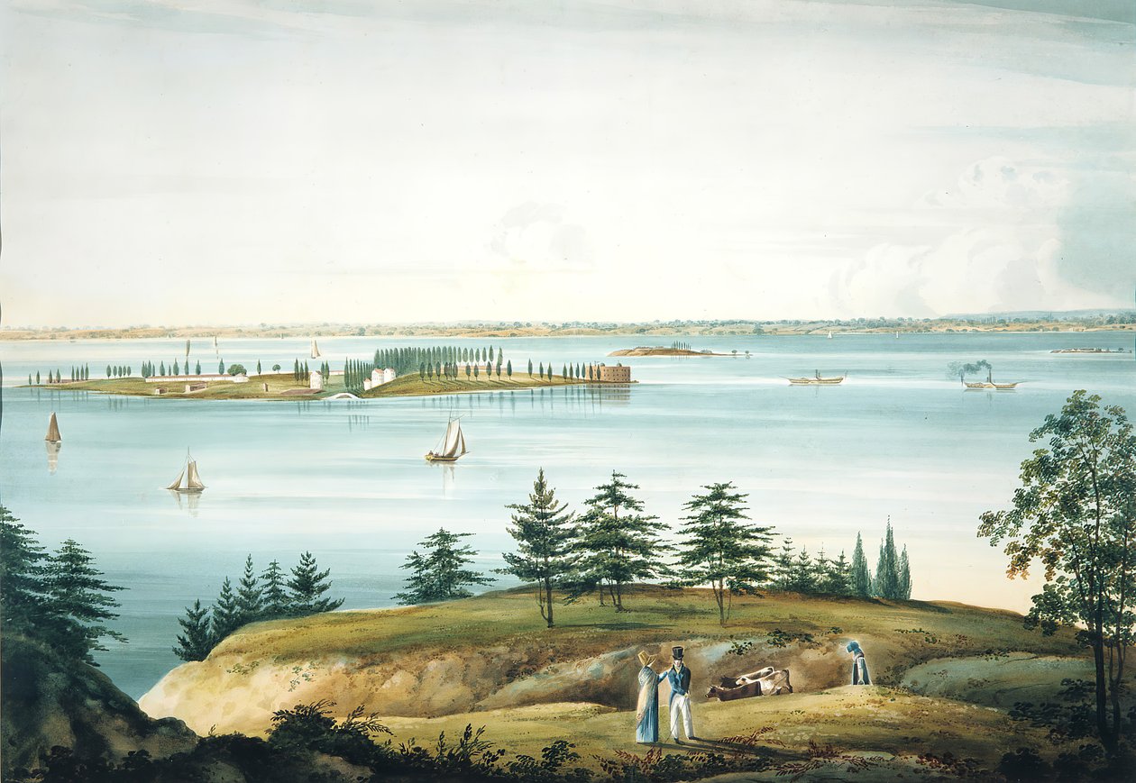 纽约湾和总督岛，从布鲁克林高地拍摄，1820-25。 作者 威廉·盖·沃尔