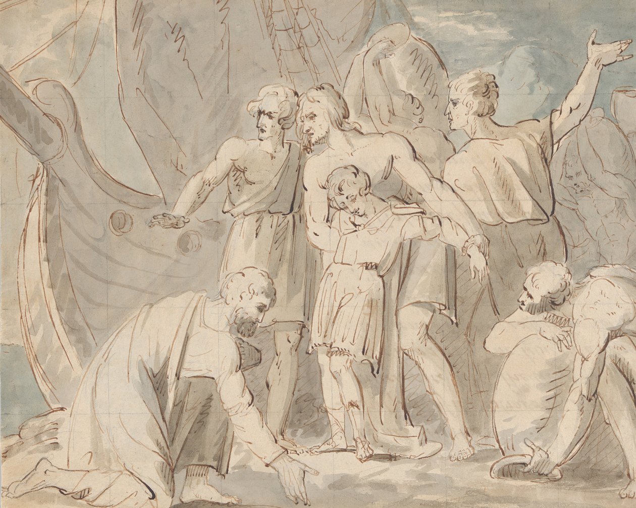 历史题材，男人和一个男孩在船附近，直页...，1770-80。 作者 威廉·汉密尔顿