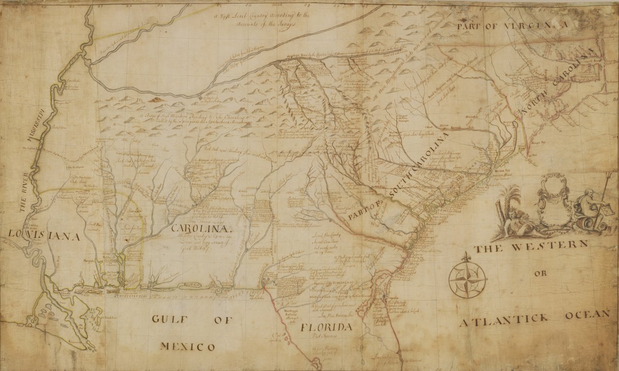 北美东南部地图，1721年（笔和墨水在纸上洗） 作者 威廉·汉默顿