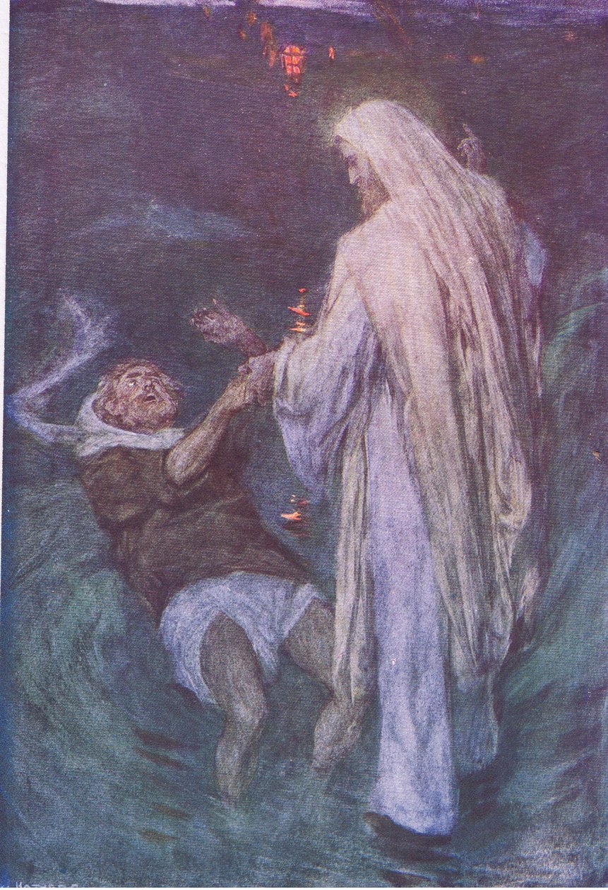 基督在海上行走，来自Hodder＆Stoughton出版的“圣经故事”，1930年 作者 威廉·哈瑟雷尔
