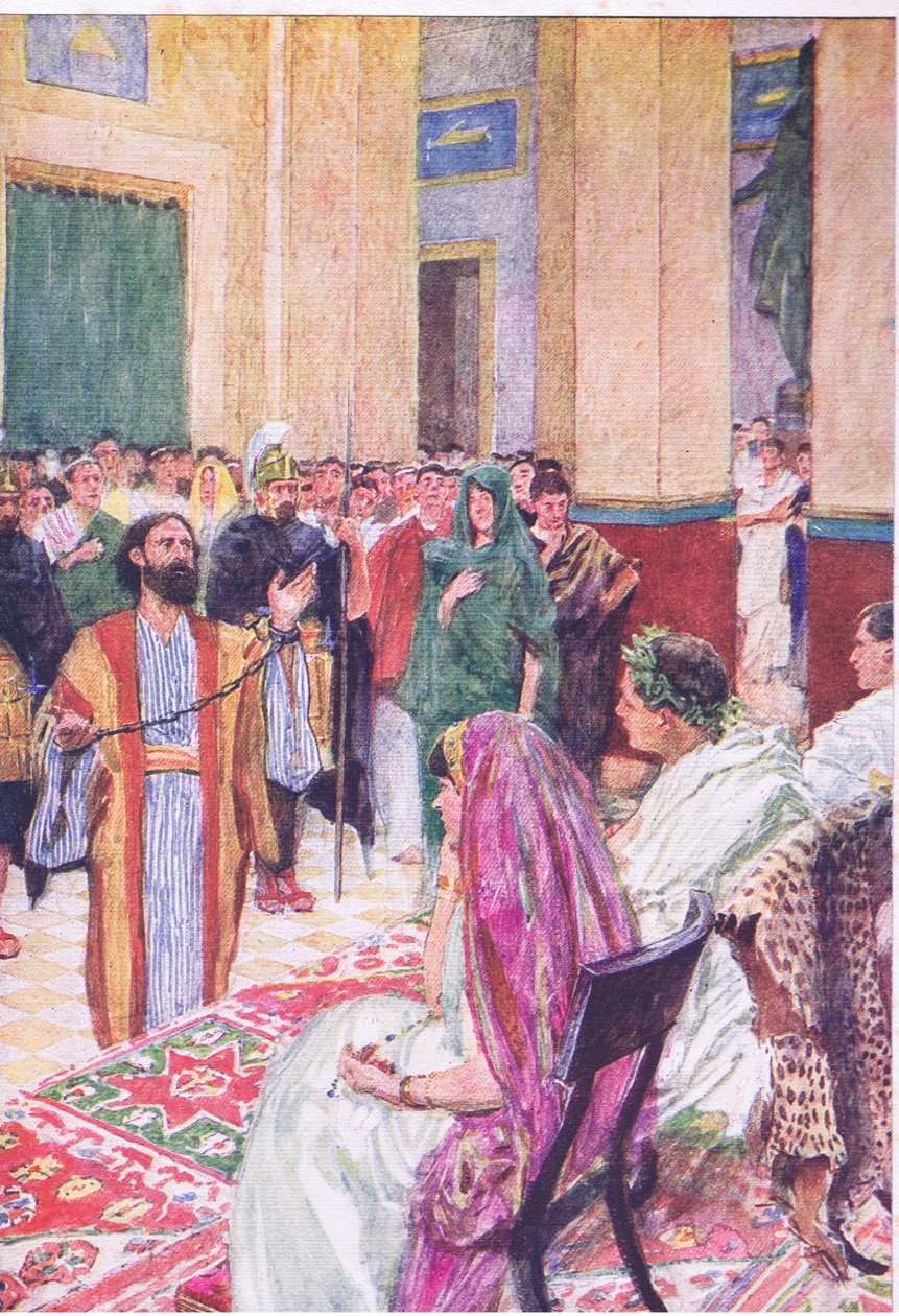 保罗在亚基帕之前，出自 Hodder & Stoughton 出版的《圣经故事》，约 1930 年（彩色石版画） 作者 威廉·哈瑟雷尔
