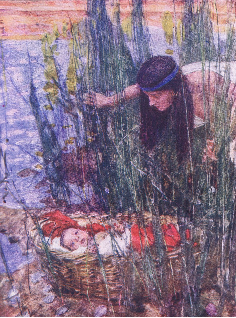 The finding of Moses, from The Bible Story published by Hodder & Stoughton, c.1930 (colour litho) 作者 威廉·哈瑟雷尔