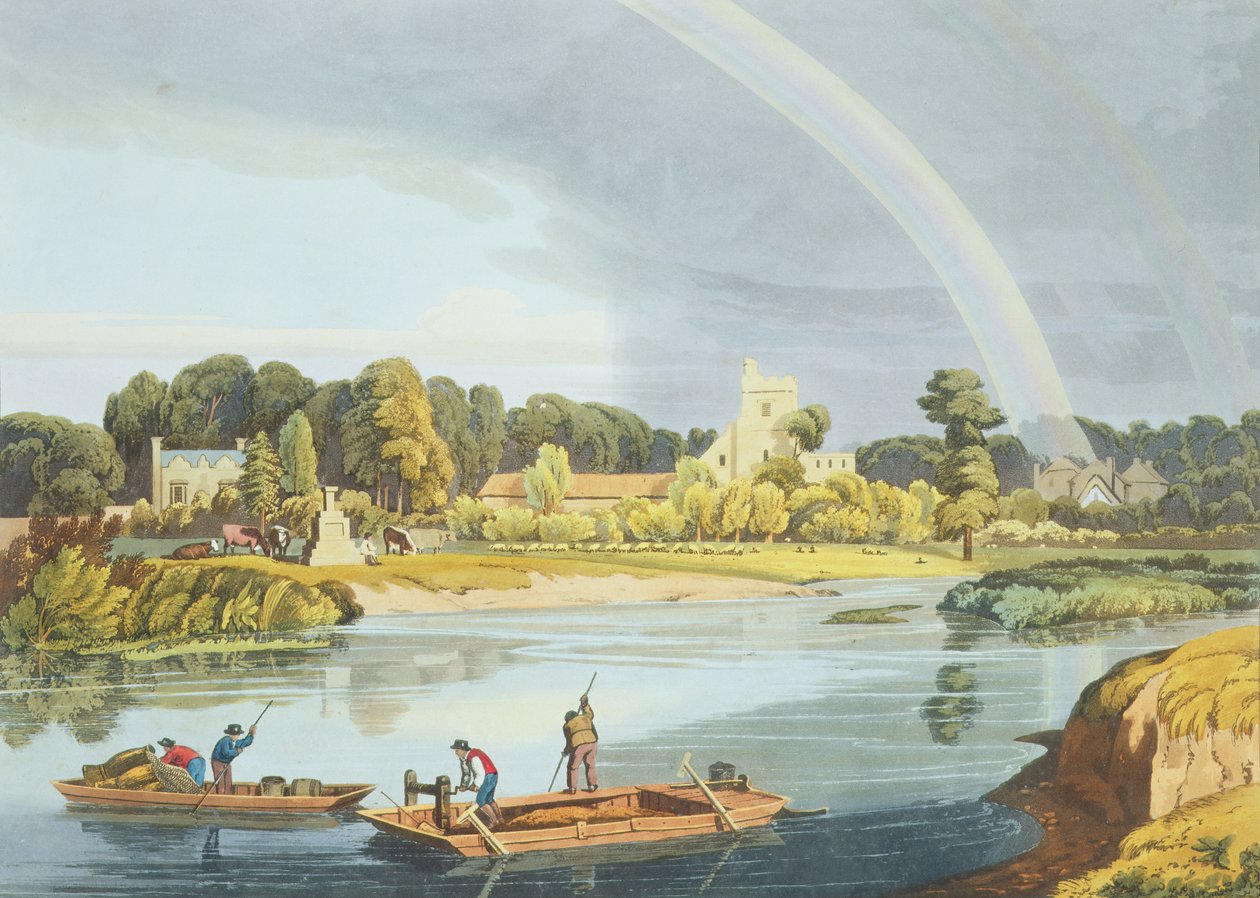 Staines教堂与河岸上的城市石头，由Robert Havell the Younger（1793-1878）于1818年出版（aquatint） 作者 威廉·哈维尔