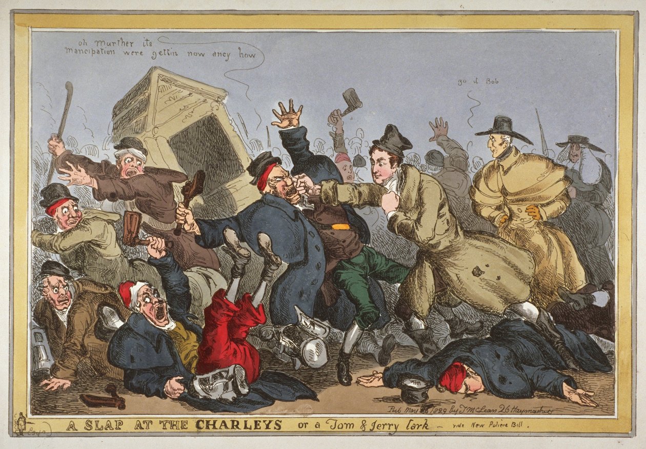 “在Charleys或汤姆和杰瑞百灵一巴掌，vide New Poliece Bill&39;，1829年（手工蚀刻） 作者 威廉·希思
