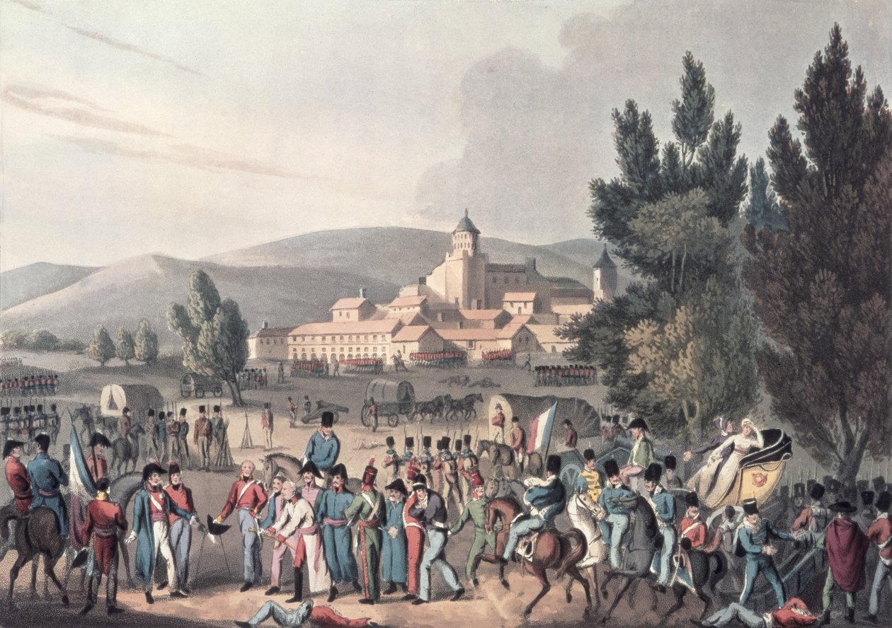 维多利亚战役，1813年，带来囚犯，由I.克拉克蚀刻，由M. DuBourg（aquatint）绘制 作者 威廉·希思