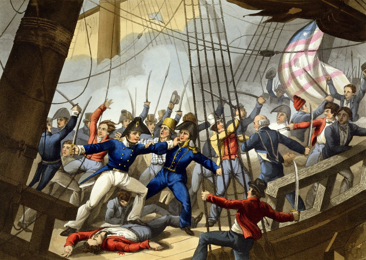 1813年由Broke上尉指挥的HM船&39;香农&39;的军官和船员登上并乘坐美国船“切萨皮克”，由Matthew Dubourg（18,120-20）镌刻自“历史，军事” 作者 威廉·希思
