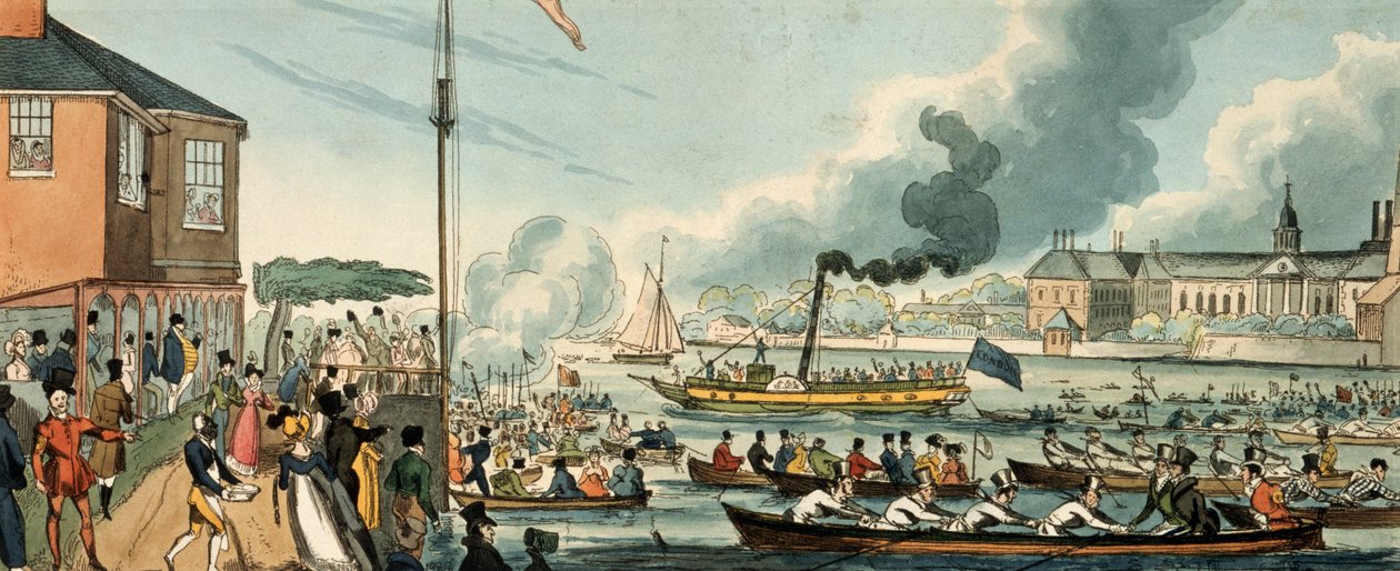 Doggett的外套和徽章划船比赛，伦敦，约1820年。   作者 威廉·希思