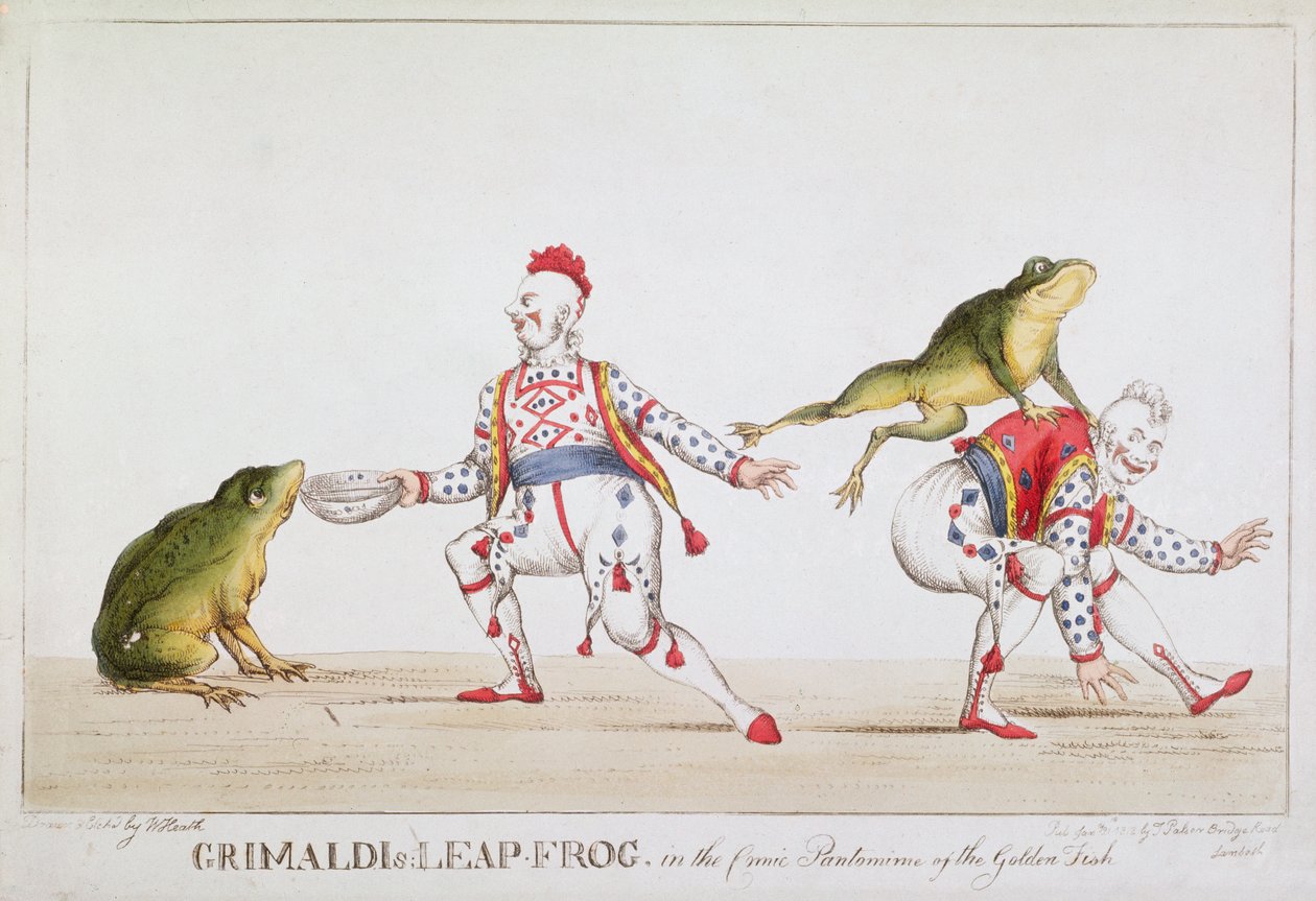 Grimaldi的Leap Frog在金鱼的漫画哑剧中，1812年 作者 威廉·希思