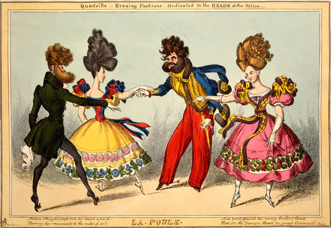 La Poule。 Quadrille  - 晚装时尚，致力于1827年的国家头（手工彩色雕刻） 作者 威廉·希思