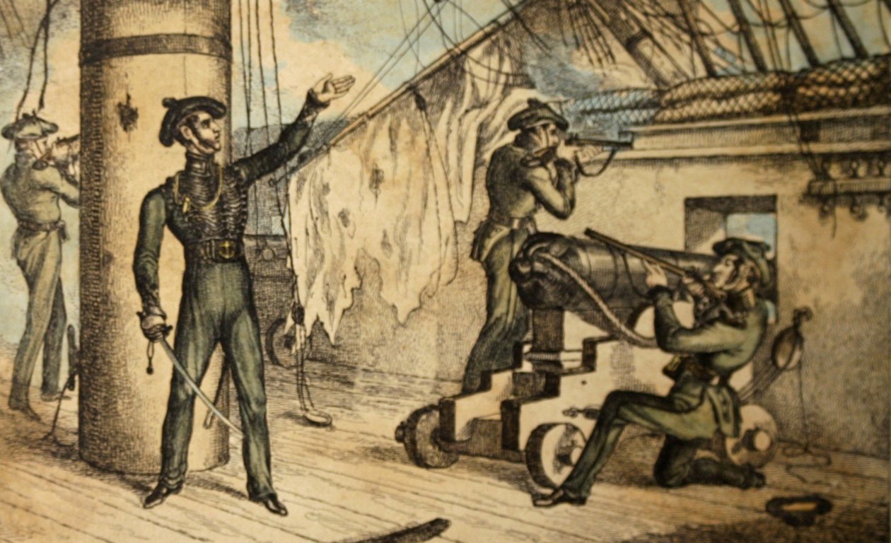 船上步枪兵在一艘身份不明的战舰上行动，第1835页（手工彩色蚀刻） 作者 威廉·希思
