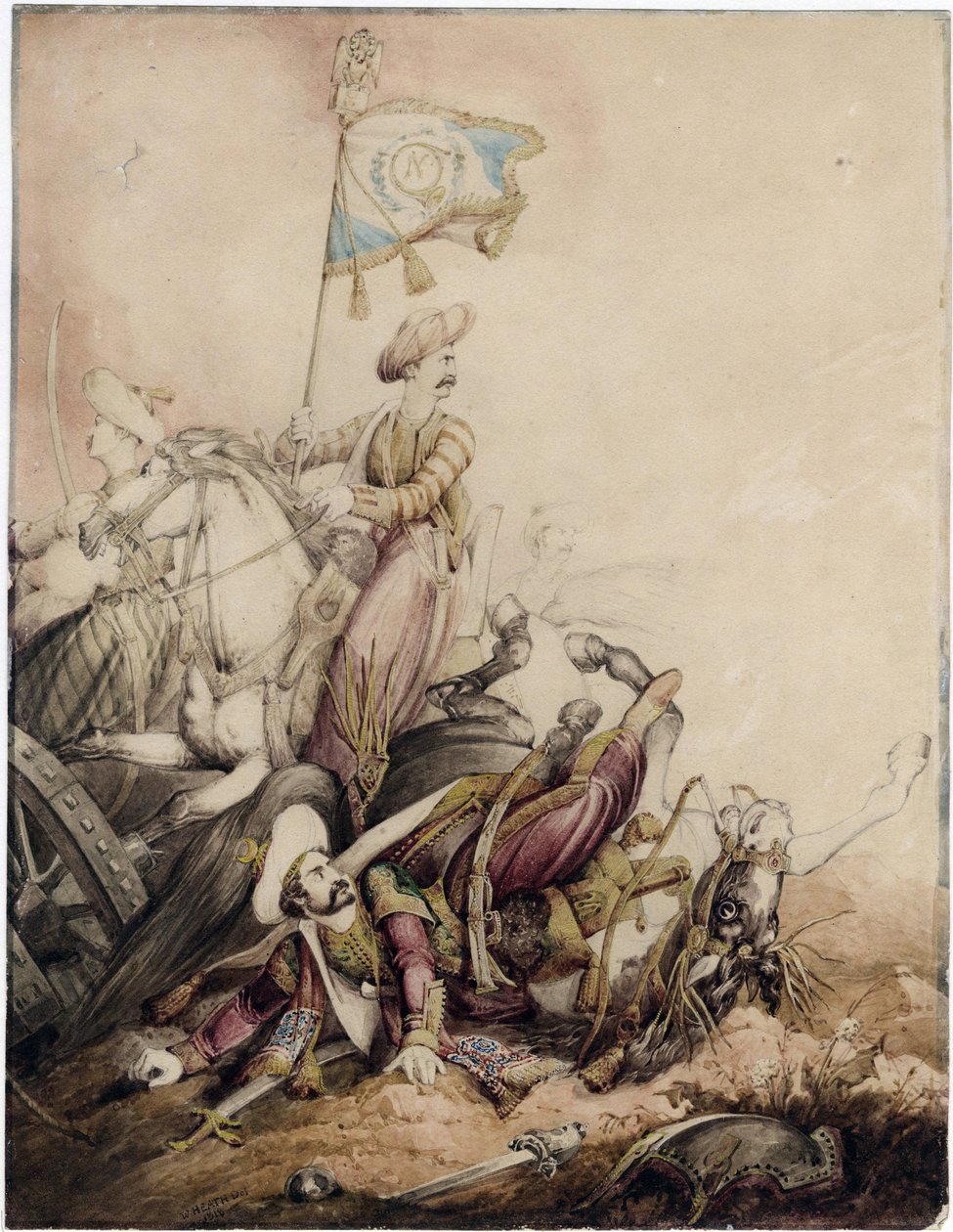 “Porte etendard mamelouk au 战斗”（战斗中的马穆鲁克旗手）Aquarelle de William Heath (1795-1840) - 1818 Dim 33,5x25,9 cm 私人收藏 作者 威廉·希思