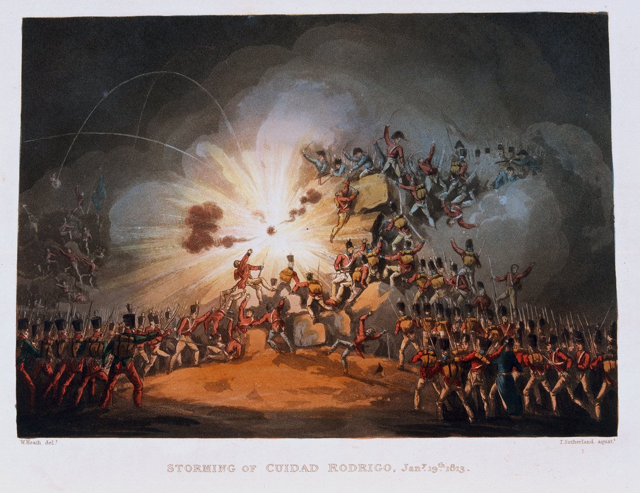 1813年1月19日，罗德里戈城的风暴，由Thomas Sutherland（1785-1838）于1815年出版（彩色aquatint） 作者 威廉·希思