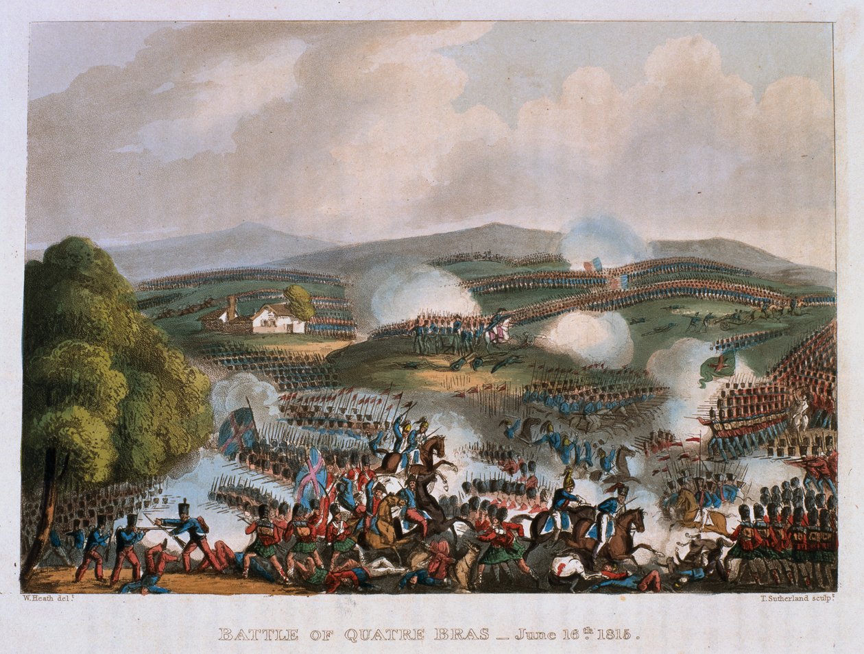 1815年6月16日的Quatre Bras战役，由Thomas Sutherland雕刻，1815年（彩色aquatint） 作者 威廉·希思