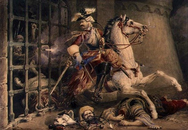 《逃离土耳其的骑兵军官》，c.1830（铅笔水彩画，纸上水粉画） 作者 威廉·希思