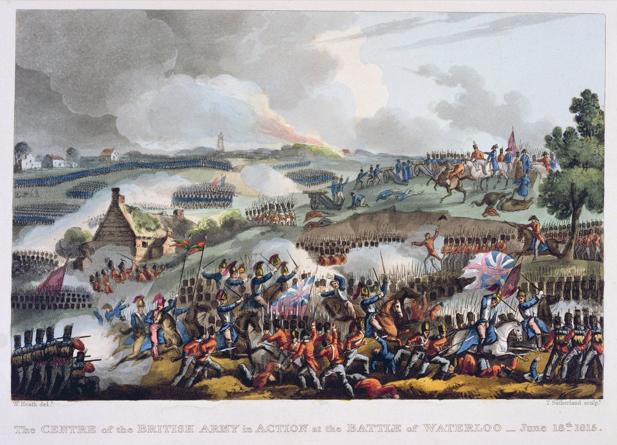 1815年6月18日英国陆军在滑铁卢战役中的行动中心，来自1899年至1815年的“英国和她的盟友的军事成就”，詹姆斯·詹金斯，由Tho镌刻 作者 威廉·希思