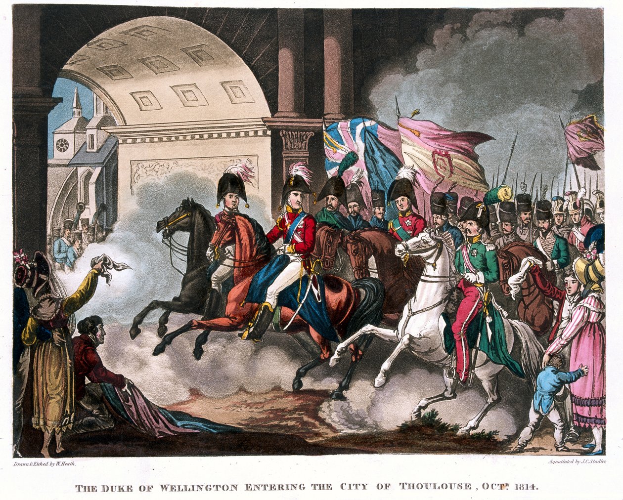 惠灵顿公爵（1769-1852）于1814年进入图卢兹市，作为一首叙事诗的插图，由Syntax博士出版，于1818年出版（彩色aquatint） 作者 威廉·希思