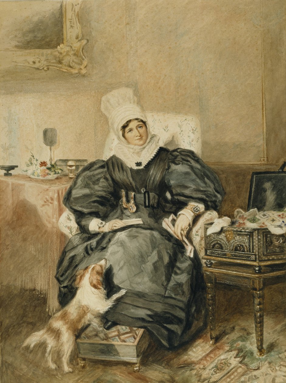 Portrait of a lady by a table with a dog (watercolor on paper) 作者 威廉·亨利（之后）亨特