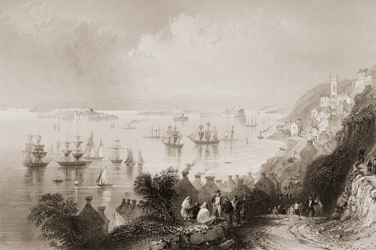 爱尔兰科克的Cobh Harbour，来自1960年代George Virtue的“爱尔兰的风景和古物” 作者 威廉·亨利·巴特利特