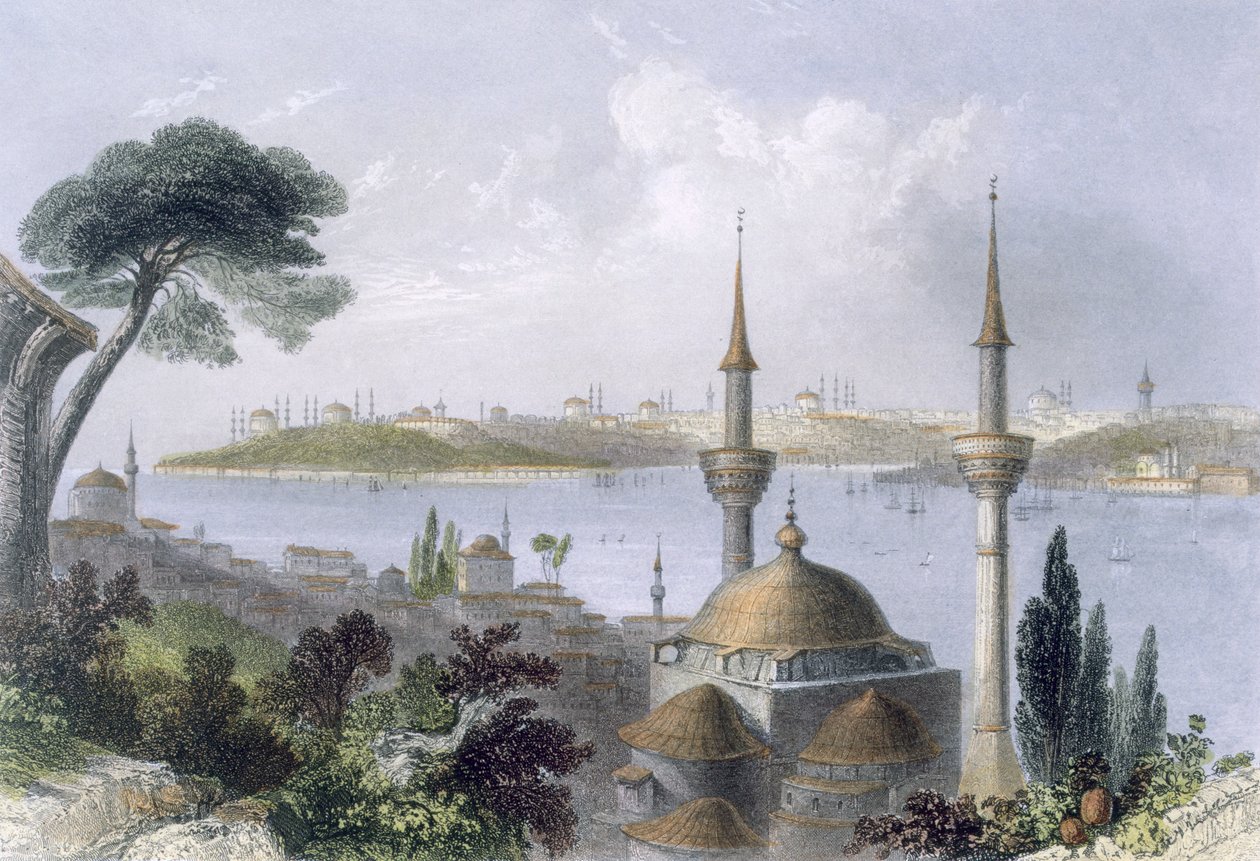 来自Scutari的君士坦丁堡的一般视图，c.1850（彩色aquatint） 作者 威廉·亨利·巴特利特