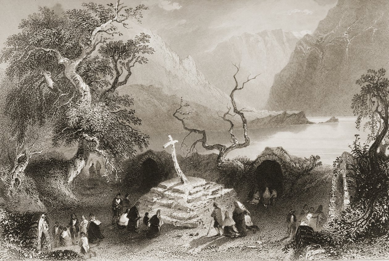 爱尔兰科克郡的Gougane Barra，来自George Virtue的“爱尔兰的风景和古物”，1860年代 作者 威廉·亨利·巴特利特