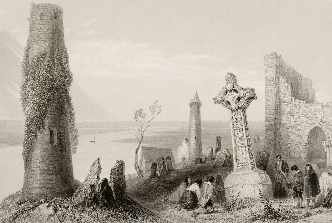 爱尔兰奥法利郡Clonmacnois的古代十字架和圆塔，来自“爱尔兰的风景和古物”（见131074） 作者 威廉·亨利·巴特利特