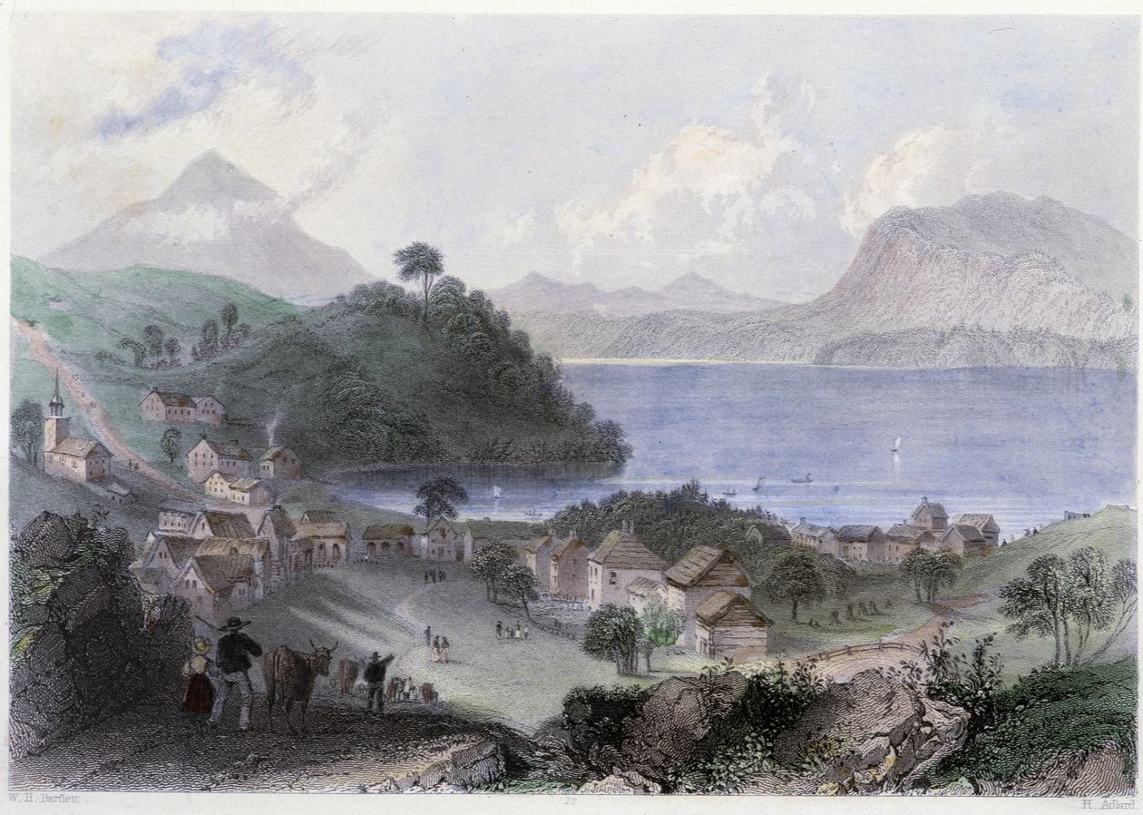 Georgeville及其湖泊的景色--载于William Henri Barlett编辑的 "加拿大风景图解"。George Virtue 作者 威廉·亨利·巴特利特