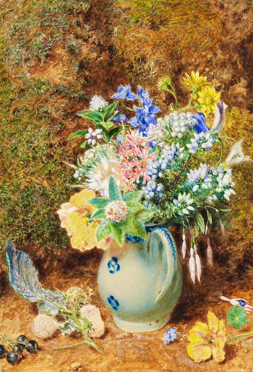 淡蓝色中国水罐与荒地和小花，c.1860 作者 威廉·亨利·亨特