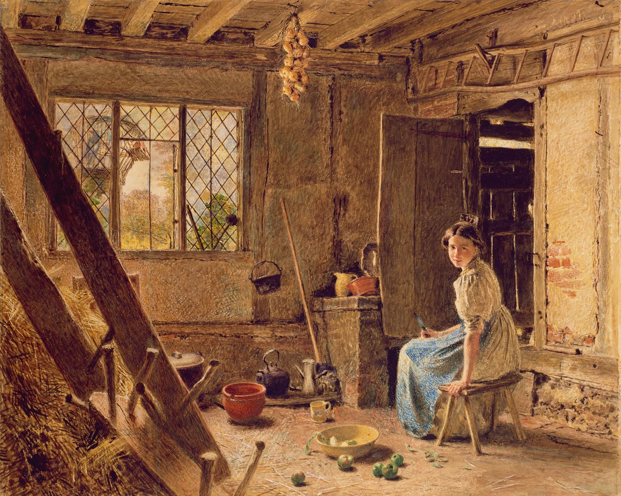 女仆和喜鹊，1834年在贝德福德郡希灵顿的小屋内部（白色纸上突出显示） 作者 威廉·亨利·亨特