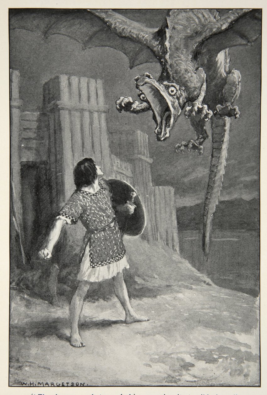 1910年，MI Ebbutt的“英雄种族的英雄神话与传说”中的龙向他倾斜，打开了它可怕的下颚 作者 威廉·亨利·马格森