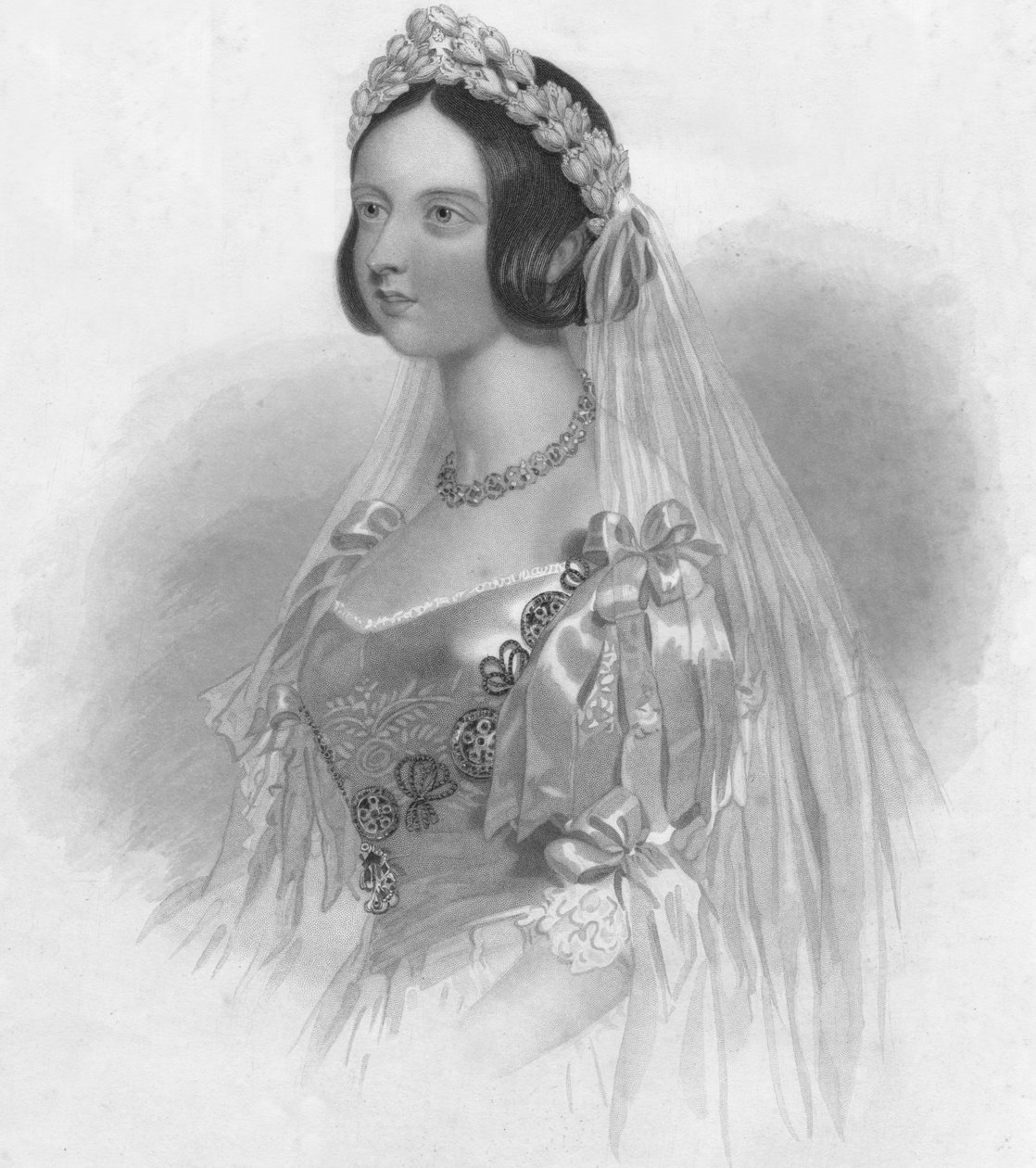 1840年，女王穿着婚纱。 作者 威廉·亨利·莫特