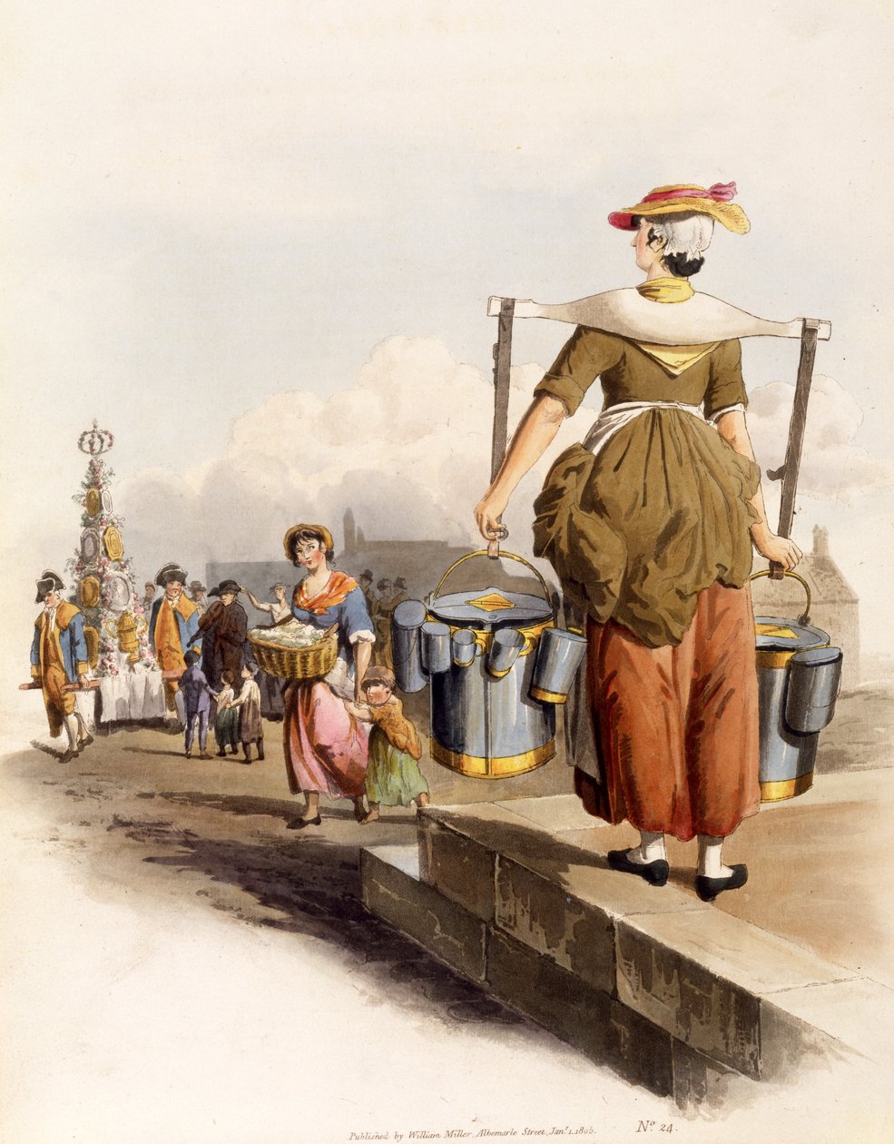 挤奶女工，来自英国的服装，酒吧。作者：亨利米勒，1805年（手工彩色印刷） 作者 威廉·亨利·佩恩