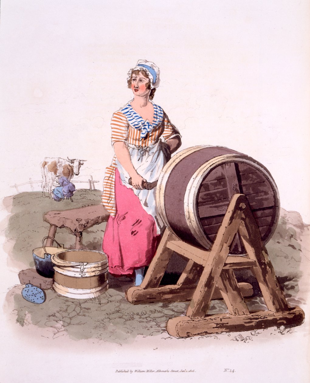 挤奶女工，来自“英国的服饰; 1808年，工作阶级工作阶级的罕见和令人信服的观点 作者 威廉·亨利·佩恩