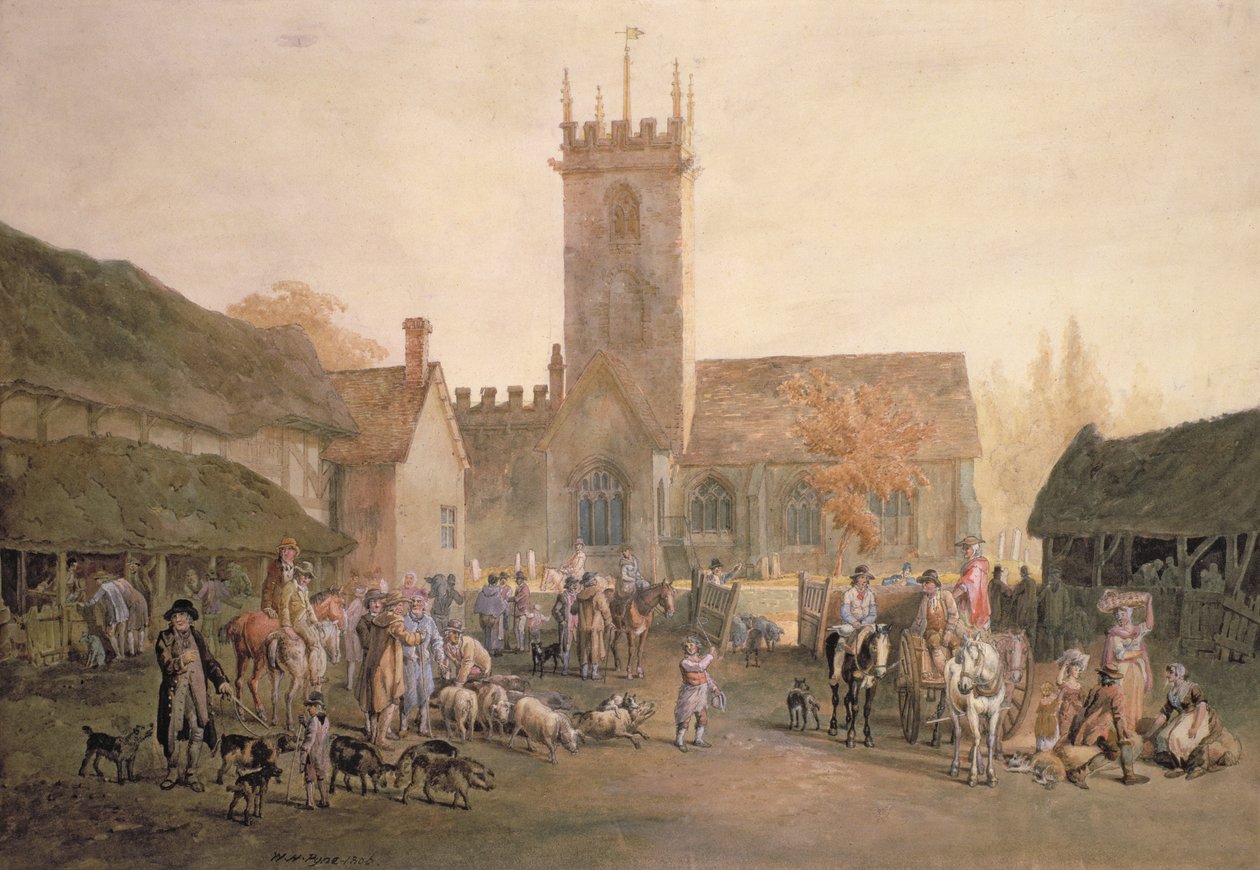 Pigmarket in the Fountain Inn，Bedford，1806（铅笔，卫生间和身体颜色） 作者 威廉·亨利·佩恩
