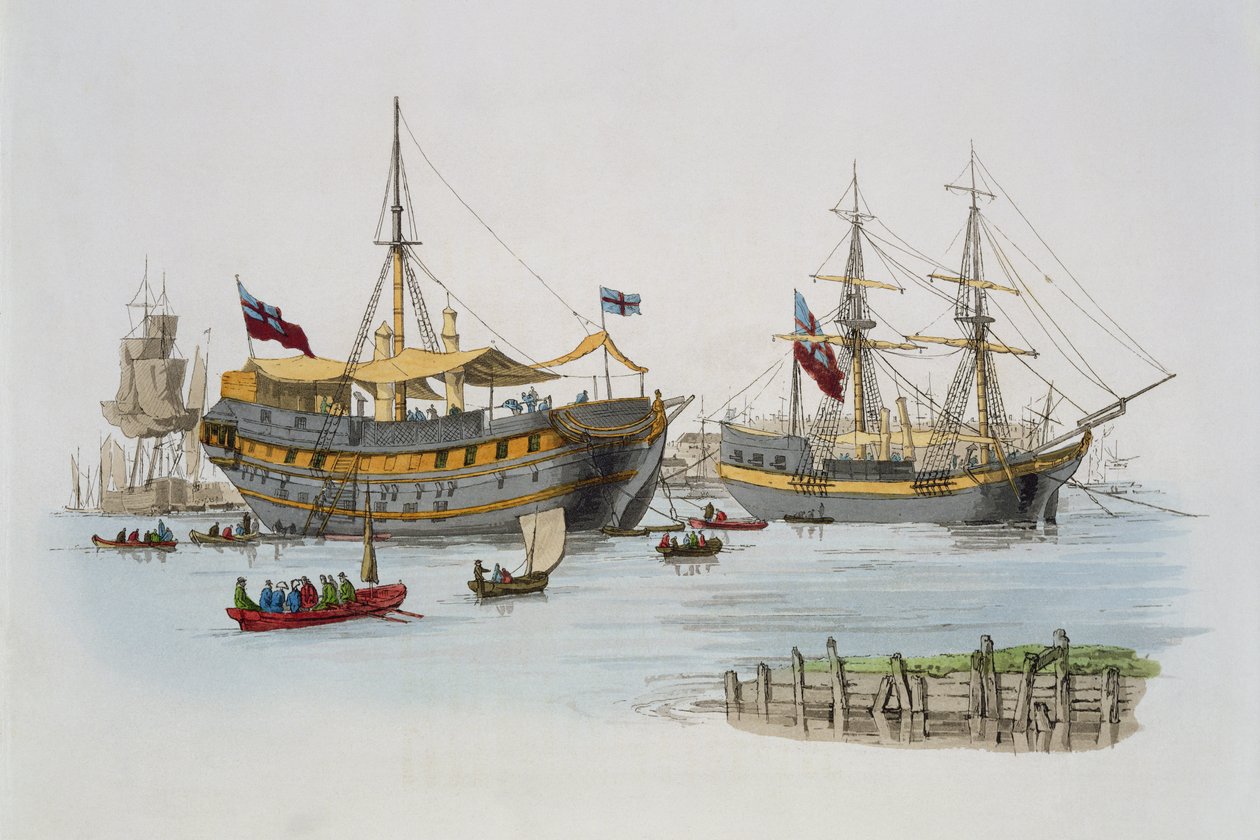 监狱船，来自“英国的服装”，由威廉米勒出版，1805年 作者 威廉·亨利·佩恩