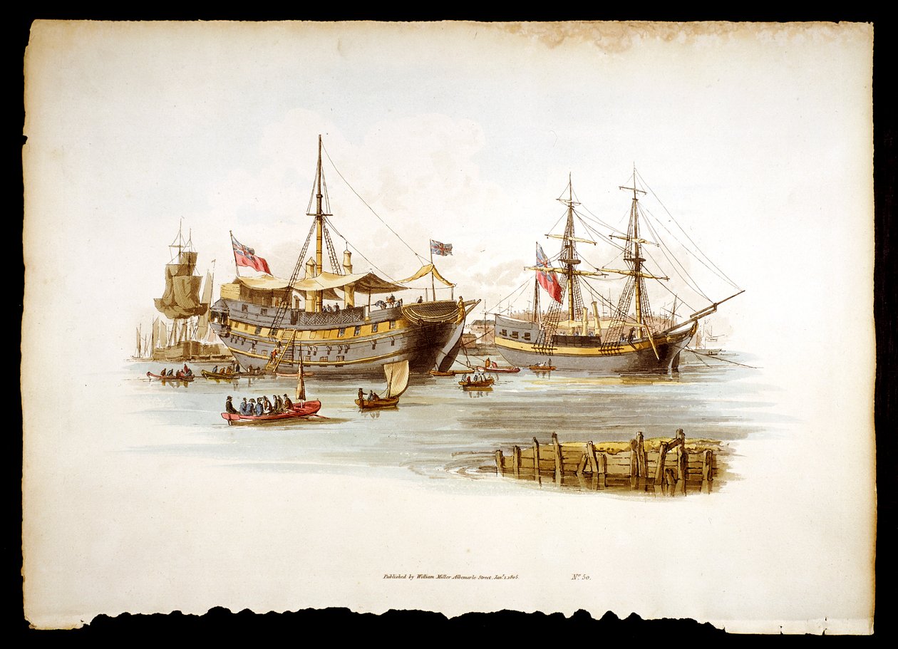 1805年，监狱在伦敦塔附近的泰晤士河上运送废船或标书 作者 威廉·亨利·佩恩