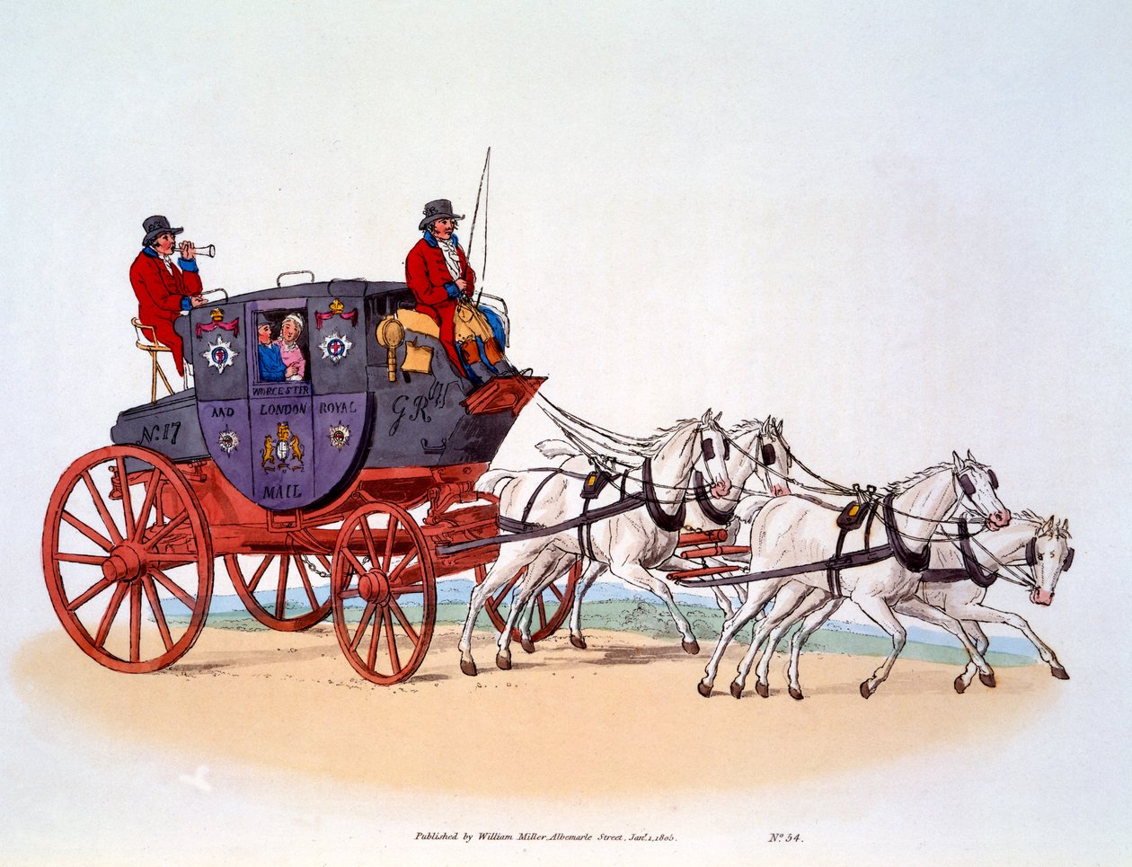 驿马车，伍斯特和伦敦皇家邮政，1808年 作者 威廉·亨利·佩恩