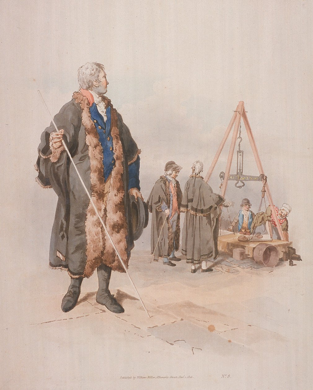 沃德-比德尔（Ward Beadle）身着公民服装，手持法杖，在沃德莫特审讯中，1805年。 作者 威廉·亨利·佩恩